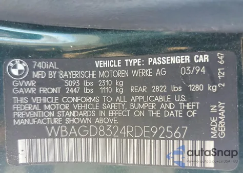 1994 BMW 740 Il Automatic z USA, uszkodzony, nr VIN WBAGD8324RDE92567